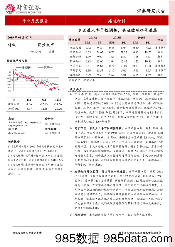 建筑材料行业月度报告：水泥进入季节性调整，关注玻璃冷修进展_财富证券