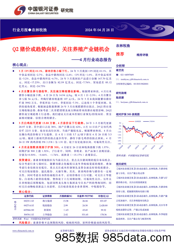 农林牧渔行业4月行业动态报告：Q2猪价或趋势向好，关注养殖产业链机会-240428-银河证券