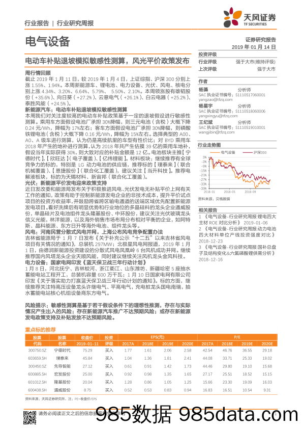 电气设备行业研究周报：电动车补贴退坡模拟敏感性测算，风光平价政策发布_天风证券