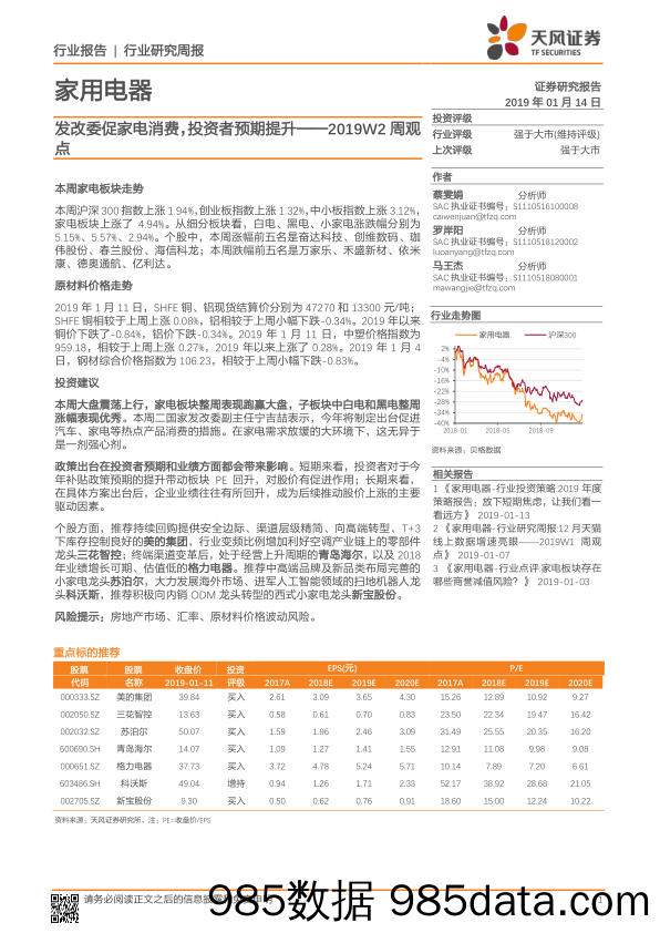 家用电器：2019W2周观点：发改委促家电消费，投资者预期提升_天风证券