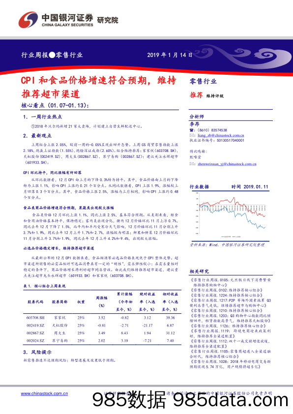 零售行业周报：CPI和食品价格增速符合预期，维持推荐超市渠道_中国银河