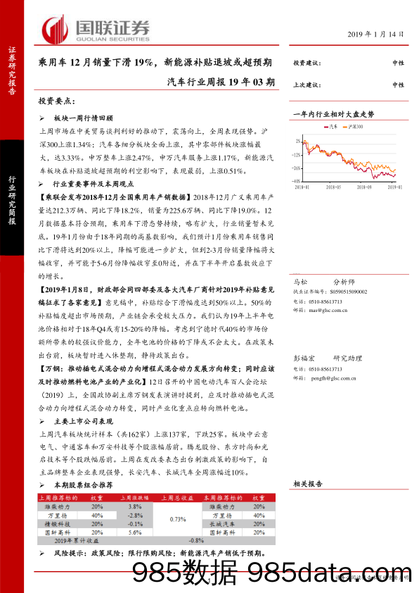 汽车行业周报19年03期：乘用车12月销量下滑19%，新能源补贴退坡或超预期_国联证券