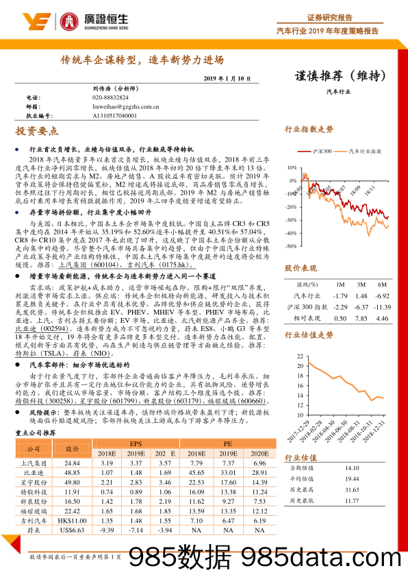 汽车行业2019年年度策略报告：传统车企谋转型，造车新势力进场_广证恒生证券研究所