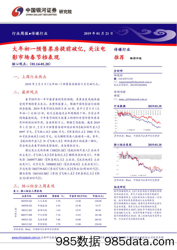 传媒行业周报：大年初一预售票房提前破亿，关注电影市场春节档表现_中国银河