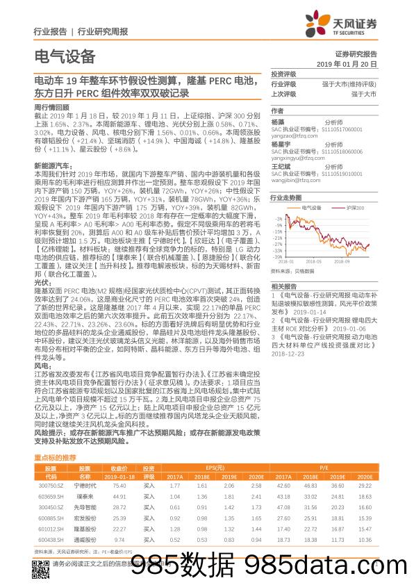 电气设备行业研究周报：电动车19年整车环节假设性测算，隆基PERC电池，东方日升PERC组件效率双双破记录_天风证券