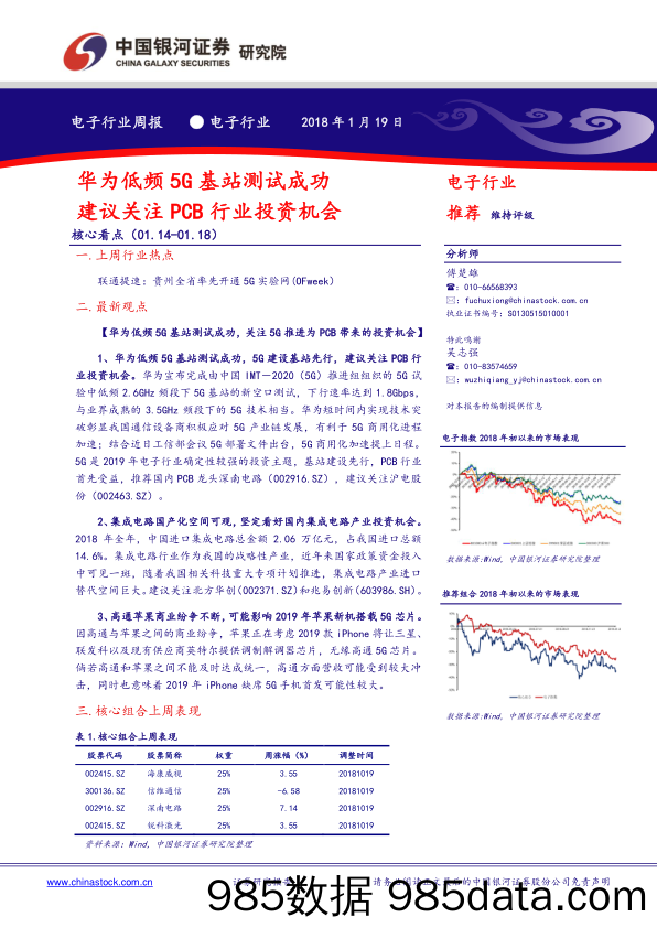 电子行业周报：华为低频5G基站测试成功建议关注 PCB 行业投资机会_中国银河