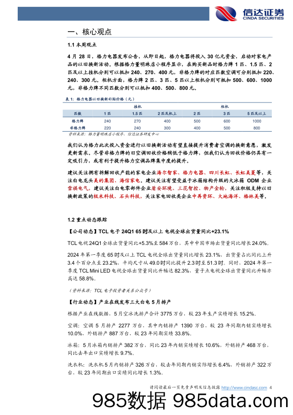 家电行业·热点追踪：格力30亿资金推动以旧换新，空调5月排产保持增长态势-240428-信达证券插图3