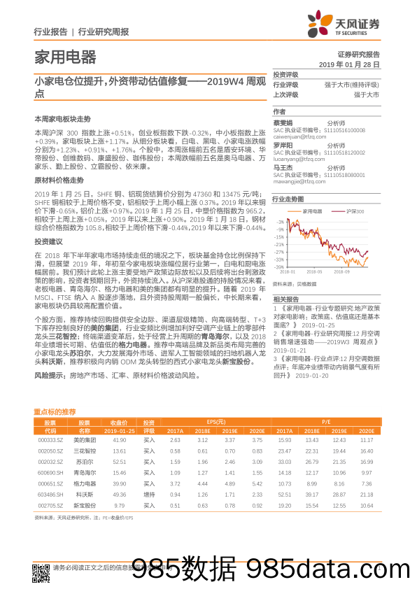 家用电器2019W4周观点：小家电仓位提升，外资带动估值修复_天风证券