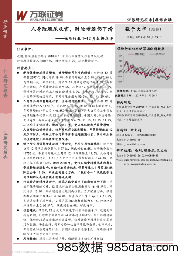 保险行业1-12月数据点评：人身险翘尾收官，财险增速仍下滑_万联证券