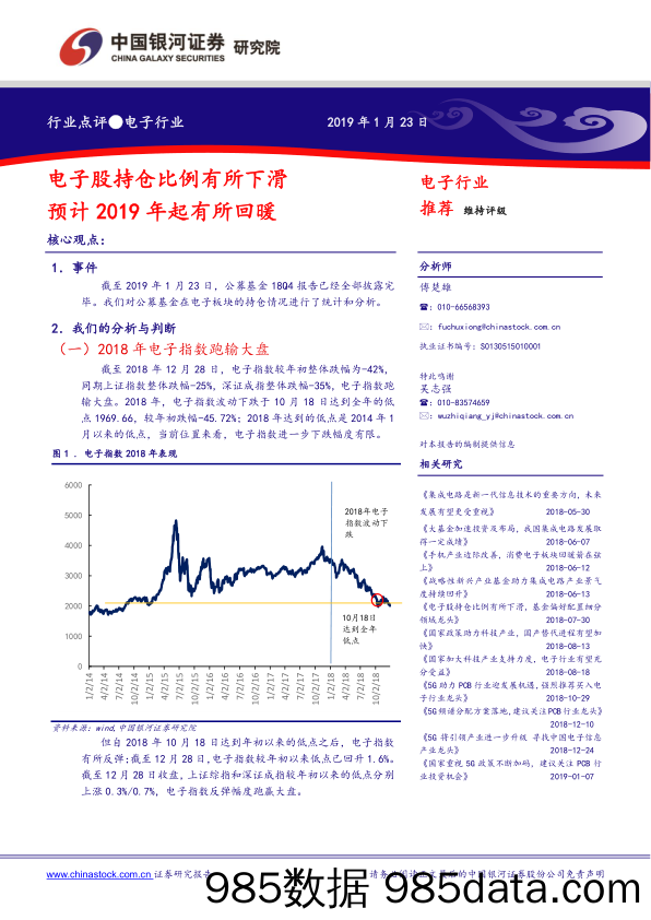 电子行业：电子股持仓比例有所下滑 预计2019年起有所回暖_中国银河