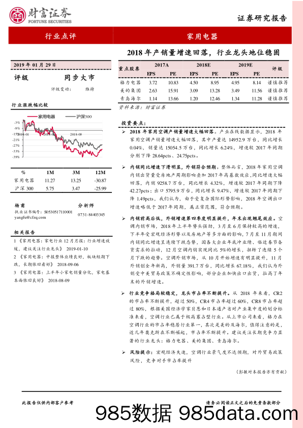 家用电器行业点评：2018年产销量增速回落，行业龙头地位稳固_财富证券