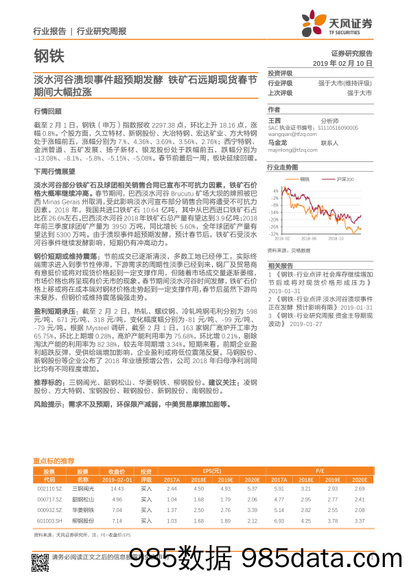 钢铁行业周报：淡水河谷溃坝事件超预期发酵 铁矿石远期现货春节期间大幅拉涨_天风证券