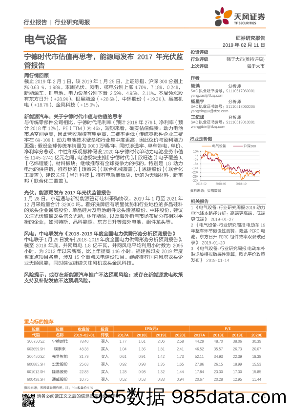 电气设备行业研究周报：宁德时代市估值再思考，能源局发布2017年光伏监管报告_天风证券