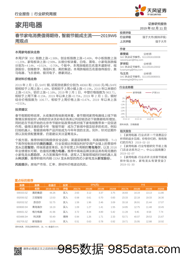 家用电器2019W6周观点：春节家电消费值得期待，智能节能成主流_天风证券