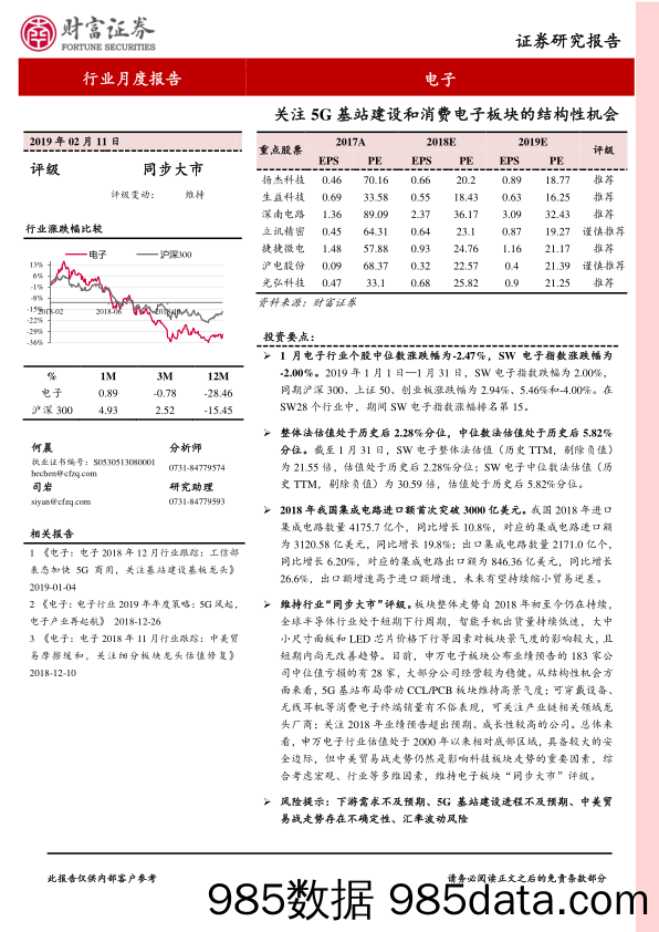 电子行业月度报告：关注5G基站建设和消费电子板块的结构性机会_财富证券