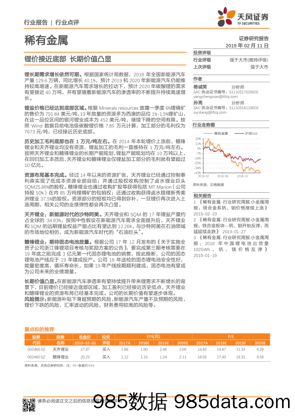 稀有金属：锂价接近底部 长期价值凸显_天风证券