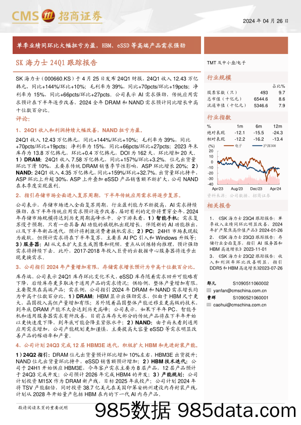 电子行业SK海力士24Q1跟踪报告：单季业绩同环比大幅扭亏为盈，HBM、eSSD等高端产品需求强劲-240426-招商证券