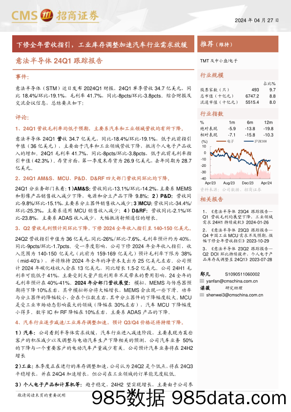 电子行业意法半导体24Q1跟踪报告：下修全年营收指引，工业库存调整加速汽车行业需求放缓-240427-招商证券