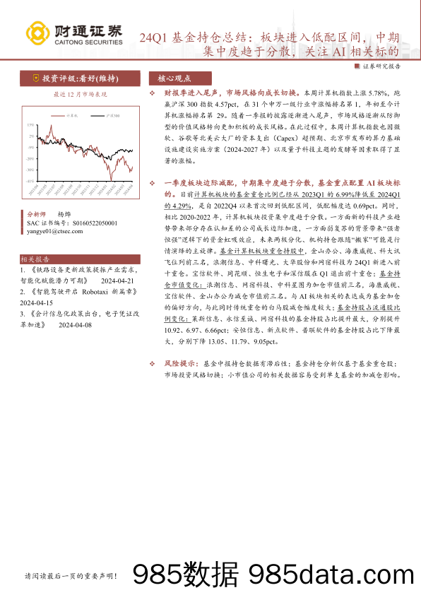 计算机行业24Q1基金持仓总结：板块进入低配区间，中期集中度趋于分散，关注AI相关标的-240428-财通证券