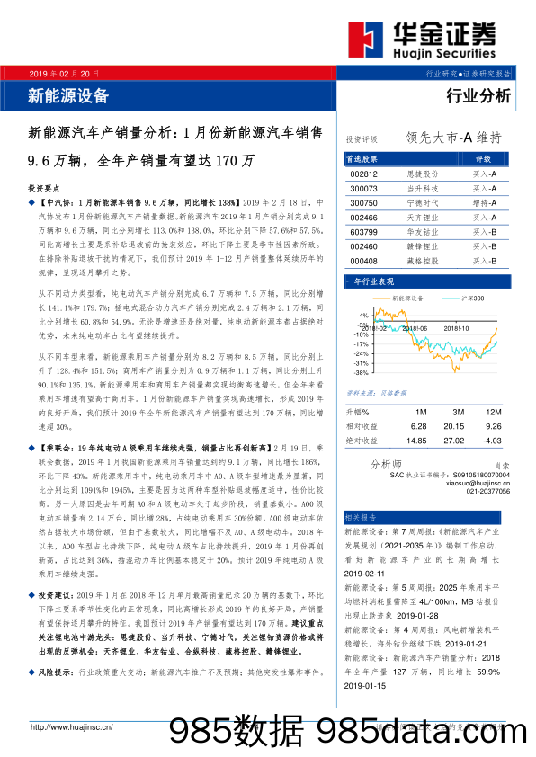 新能源汽车产销量分析：1月份新能源汽车销售9.6万辆，全年产销量有望达170万_华金证券