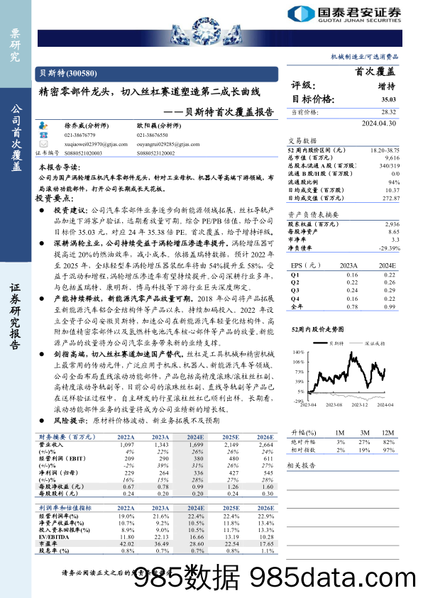 贝斯特(300580)首次覆盖报告：精密零部件龙头，切入丝杠赛道塑造第二成长曲线-240430-国泰君安