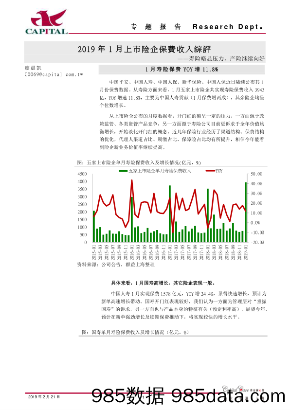 2019年1月上市险企保费收入综评：寿险略显压力，产险继续向好_群益证券