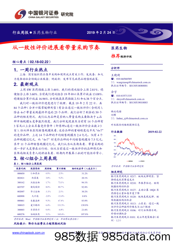 医药生物行业周报：从一致性评价进展看带量采购节奏_中国银河