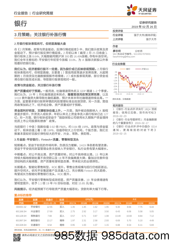 银行3月策略：关注银行补涨行情_天风证券