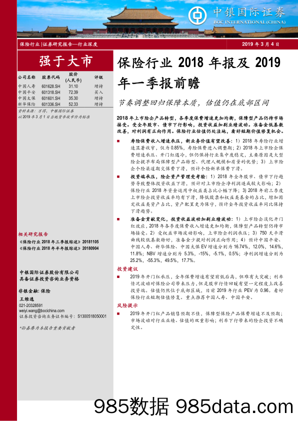 保险行业2018年报及2019年一季报前瞻：节奏调整回归保障本质，估值仍在底部区间_中银国际