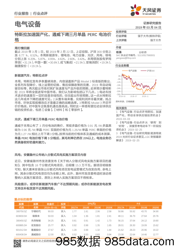 电气设备行业点评：特斯拉加速国产化，通威下调三月单晶PERC电池价格_天风证券