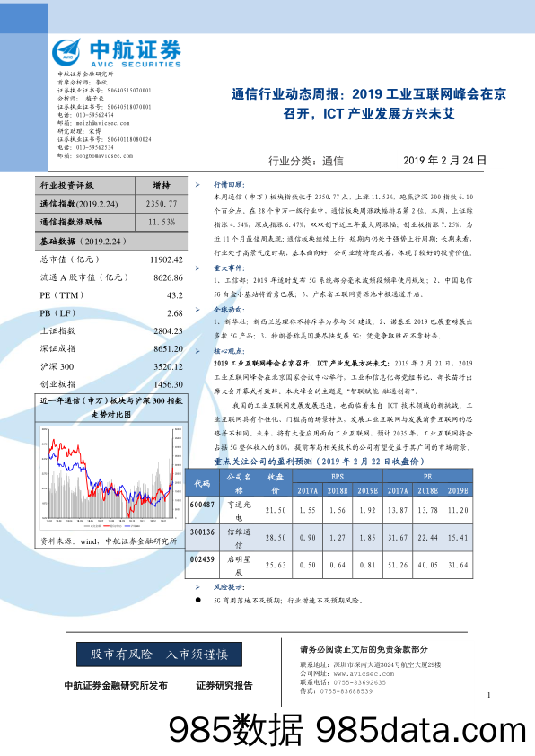 通信行业动态周报：2019工业互联网峰会在京召开，ICT产业发展方兴未艾_中航证券