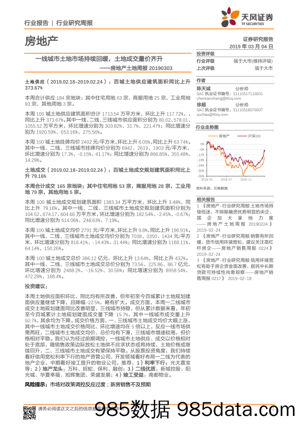 房地产土地周报：一线城市土地市场持续回暖，土地成交量价齐升_天风证券