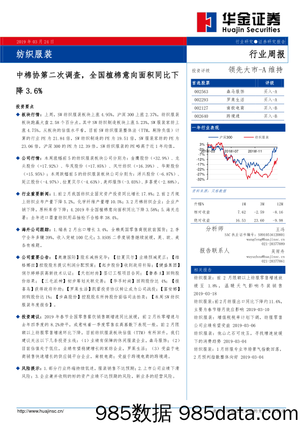 纺织服装行业周报：中棉协第二次调查，全国植棉意向面积同比下降3.6％_华金证券