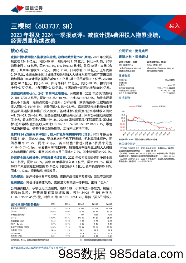 三棵树(603737)2023年报及2024一季报点评：减值计提%26费用投入拖累业绩，经营质量持续改善-240508-国信证券