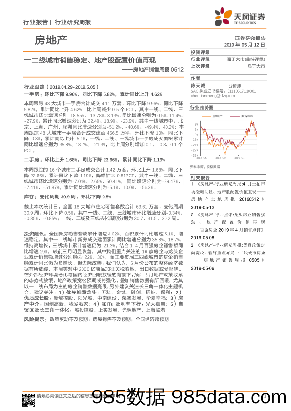 房地产销售周报：一二线城市销售稳定、地产股配置价值再现_天风证券