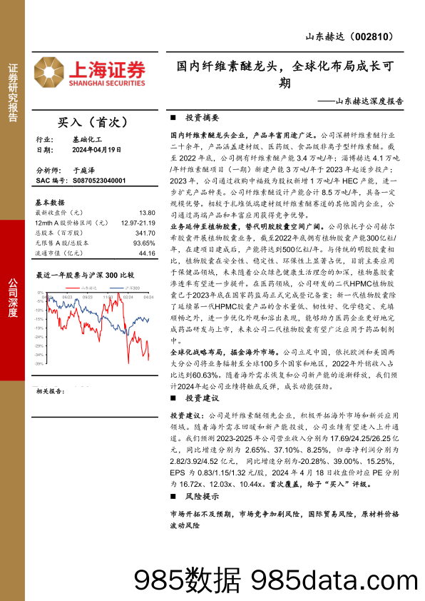 山东赫达-002810.SZ-山东赫达深度报告：国内纤维素醚龙头，全球化布局成长可期-20240419-上海证券