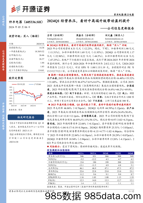 帅丰电器(605336)公司信息更新报告：2024Q1经营承压，看好中高端升级带动盈利提升-240506-开源证券