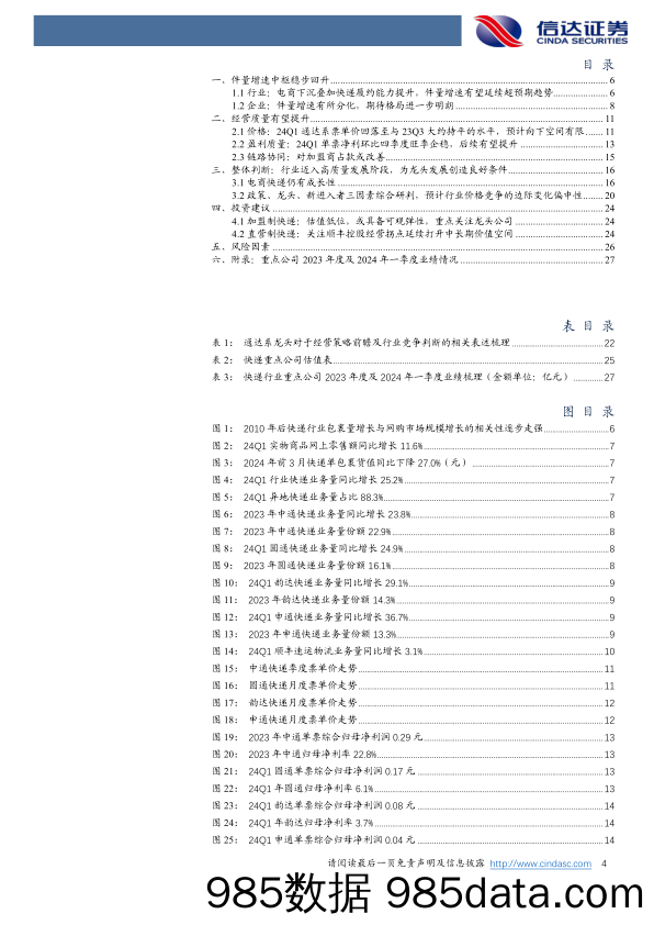 快递行业2023年报及2024年一季报总结：24Q1件量增速回归，单票净利环比旺季企稳-240507-信达证券插图3