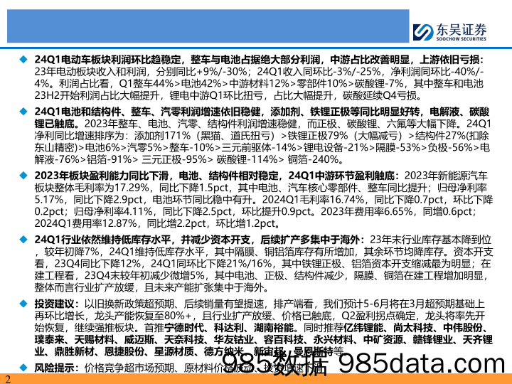 电力设备与新能源行业电动车23年及24Q1财报总结：利润集中整车及电池，中游触底酝酿改善-240509-东吴证券插图1