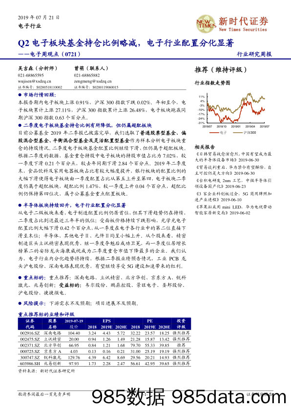 电子周观点：Q2电子板块基金持仓比例略减，电子行业配置分化显著_新时代证券