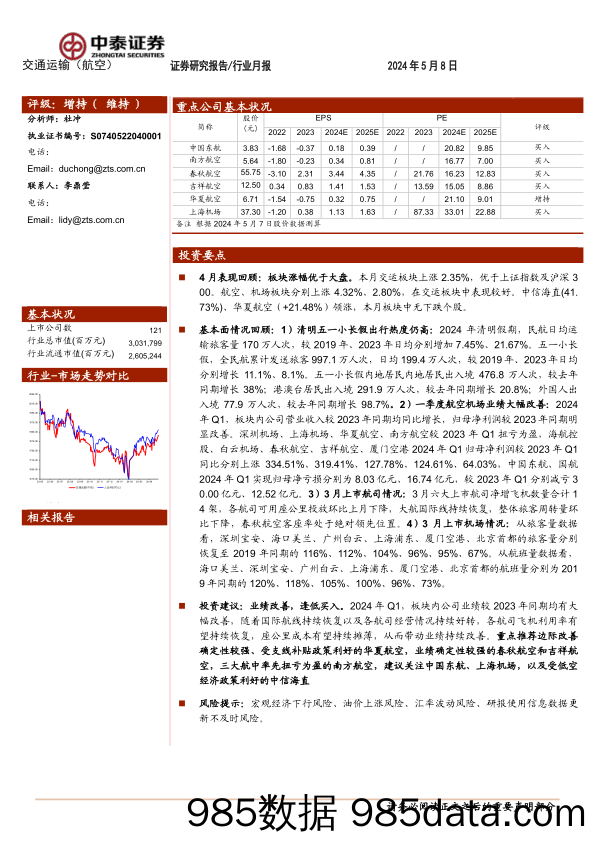 航空机场行业5月投资策略：业绩改善，逢低买入-240508-中泰证券