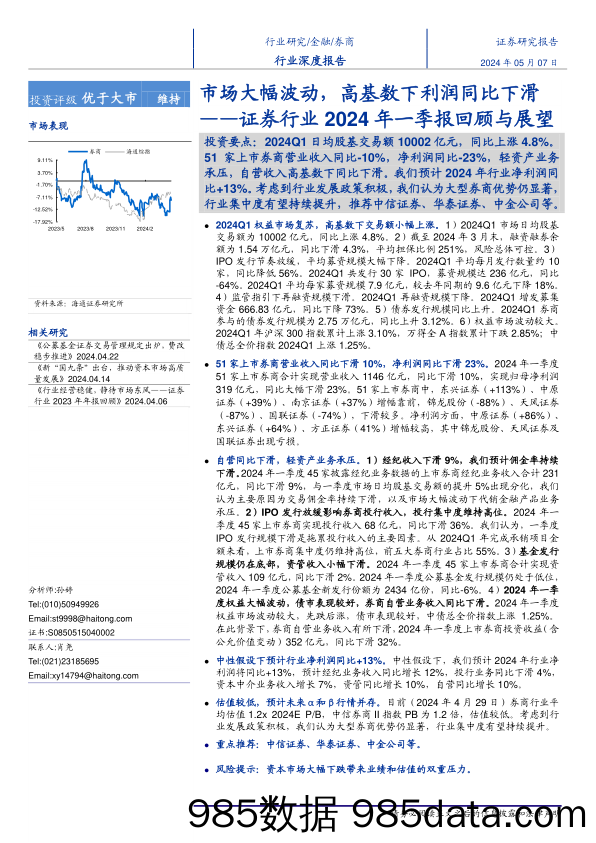 证券行业2024年一季报回顾与展望：市场大幅波动，高基数下利润同比下滑-240507-海通证券