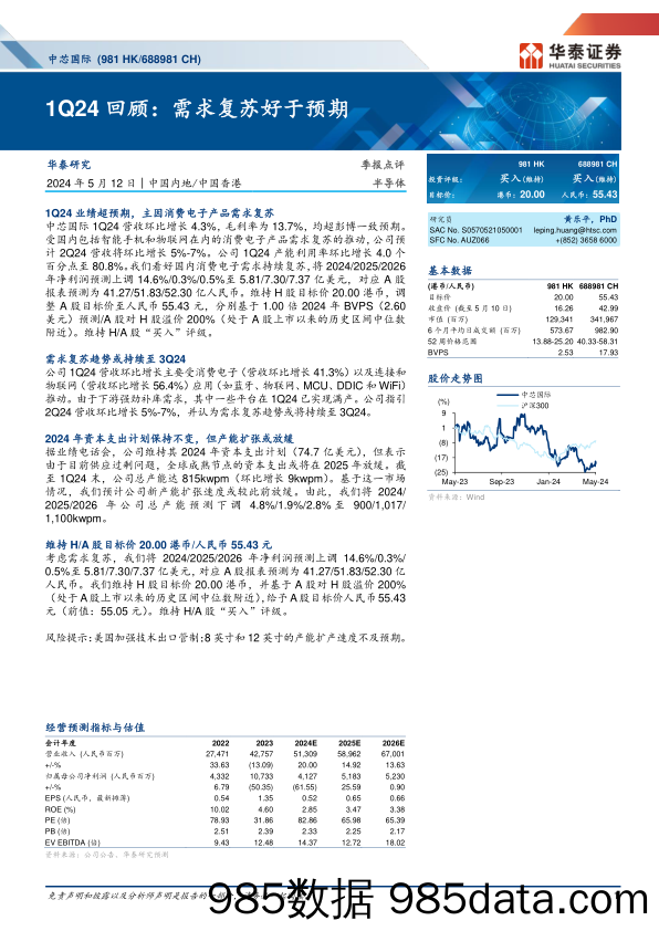 中芯国际(688981)1Q24回顾：需求复苏好于预期-240512-华泰证券