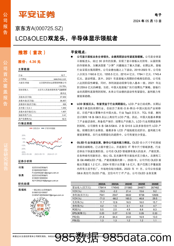 京东方A(000725)LCD%26OLED双龙头，半导体显示领航-240513-平安证券