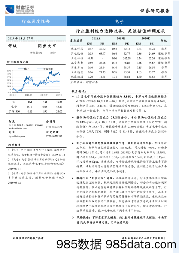 电子行业月度报告：行业盈利能力边际改善，关注估值回调龙头_财富证券