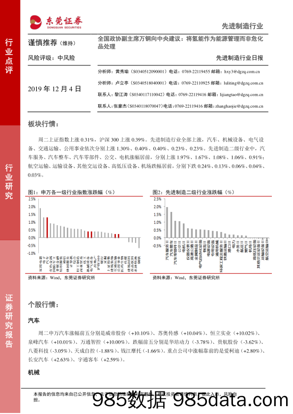 先进制造行业日报：全国政协副主席万钢向中央建议：将氢能作为能源管理而非危化品处理_东莞证券