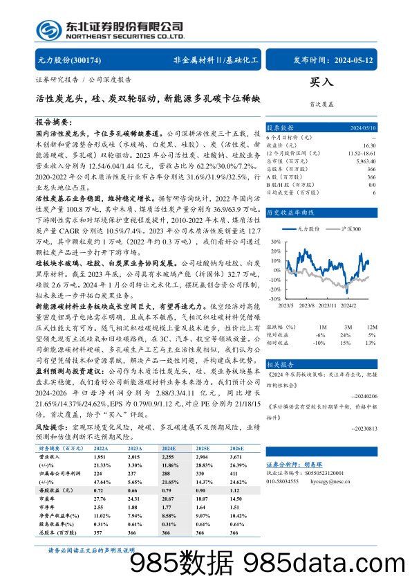 元力股份(300174)活性炭龙头，硅、炭双轮驱动，新能源多孔碳卡位稀缺-240512-东北证券