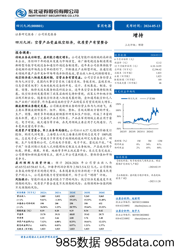 四川九洲(000801)空管产品受益低空经济，优质资产有望整合-240513-东北证券