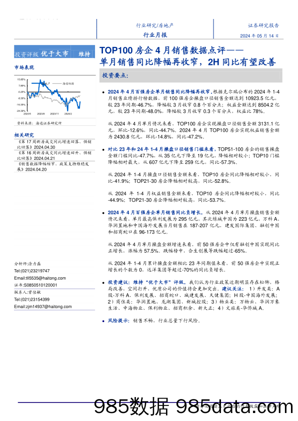 房地产行业TOP100房企2024年4月销售数据点评：单月销售同比降幅再收窄，2H同比有望改善-240514-海通证券