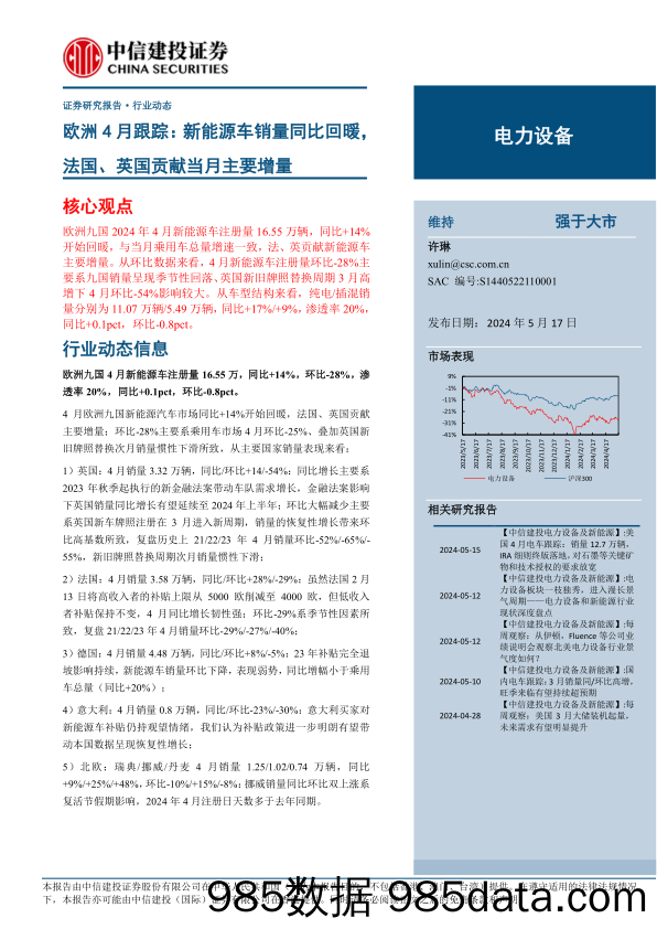 电力设备行业欧洲4月跟踪：新能源车销量同比回暖，法国、英国贡献当月主要增量-240517-中信建投